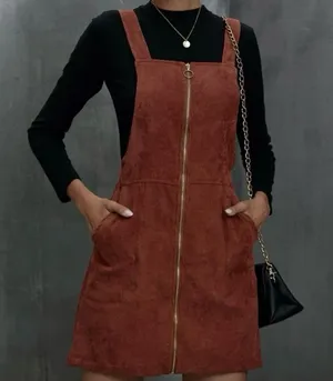 Romwe Rust Brown Corduroy Front Zip-Up Mini Overall Dress thumbnail 1