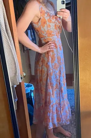 Astr The Label Medium Orange Blue Floral Square Neck Midi Dress thumbnail 8