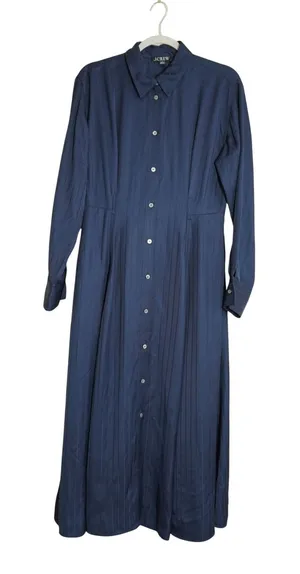 J. Crew Size 4 Maxi Length Shirt Dress Navy Blue Herringbone Stripe Preppy thumbnail 1