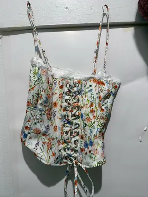Floral Lace-Trim Spaghetti Strap Corset Top - White/Multicolor thumbnail 2
