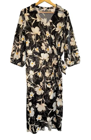 Naif Faux Wrap Satin Dress‎ Women's XL Balloon Sleeve Lilly Floral Wedding Event thumbnail 1