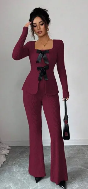 SheIn Burgundy 2 Piece Ribbed Bow Lounge Set thumbnail 1