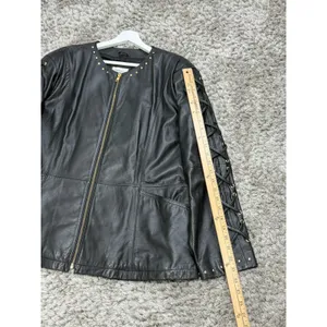 Vintage Women’s Black Leather Jacket Lace Up Studded Biker Y2K Punk Goth Size S thumbnail 12