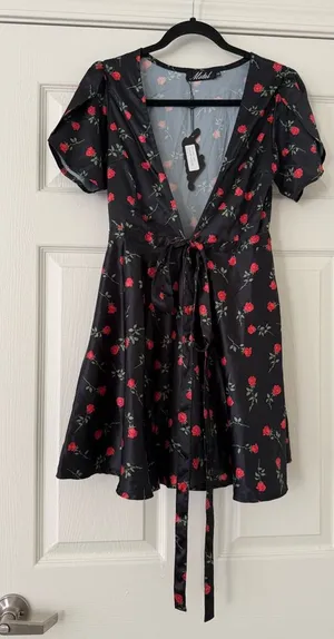 Motel Rocks UO Black Rose Satin Wrap Dress thumbnail 1