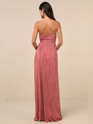 LULU’S Desme Rose Pink Satin Plisse Strapless Maxi Dress thumbnail 2