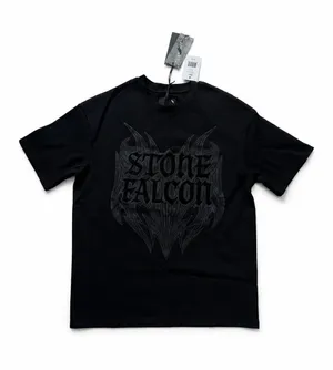 Stone Falcon Black Graphic T-Shirt Gothic Streetwear Short Sleeve thumbnail 1
