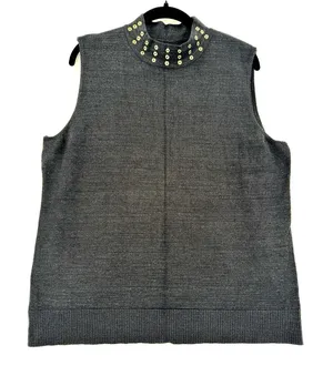 Black Rivet Metallic Sweater Vest XL Gray Gold Grommet Mock Neck Sleeveless Top thumbnail 1