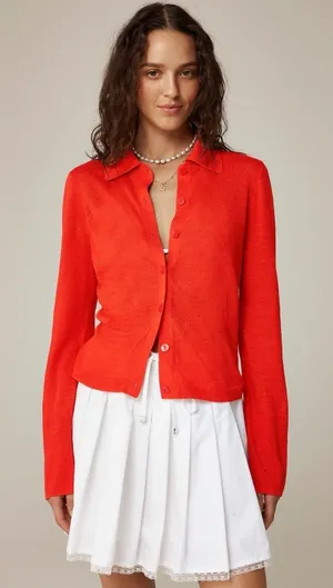 NWT!! J. CREW Collared Button-Up Sweater Cardigan Linen Poppy Orange Red Small thumbnail 1