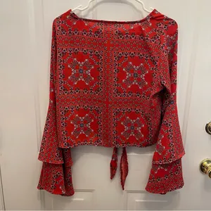 Altar'd State Red and Blue Bell‎ Sleeve Crop Blouse thumbnail 4