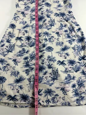 Coastal Linen Blend Halter Mini Dress Tropical‎ Toile Print Blue Ivory Womens M thumbnail 3