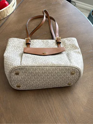 Michael Kors Cream Signature Tote with Brown Trim and Front Pocket thumbnail 7