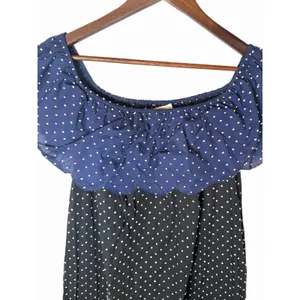 Marysia Resort Dress Black Navy White Off The Shoulder Polka Dot Scalloped Small thumbnail 2