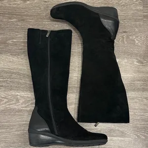 Aquatalia by Marvin K Minnow Black Suede Tall Riding Wedge Boots Square Toe 10 thumbnail 6