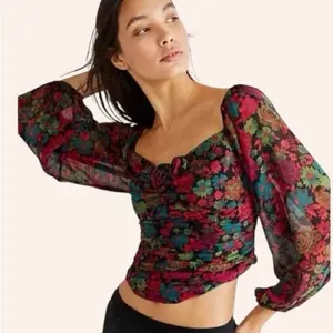 Free People Oh Lala Black Multi Off The Shoulder Floral Chiffon Top Size Medium thumbnail 1