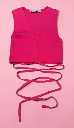 ZARA Pink Ribbed Knit Wrap Cropped V-Neck Top‎ - M thumbnail 1