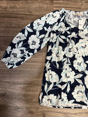 LOFT Floral Long Sleeve Blouse NWT Size S Navy White Elegant Top thumbnail 4