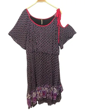Free People Purple Pink Floral Asymmetrical Cold Shoulder Tie Mini Dress Large thumbnail 1