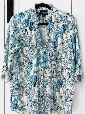 Tahari Womens 100% Linen Shirt Tropical Bird Print Button Up Coastal Resort thumbnail 2
