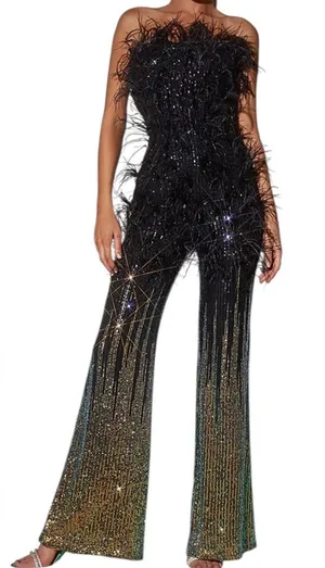 Unbranded Elegant Sequined/Feathered Black and Green Women's Jumpsuit G#8 thumbnail 1
