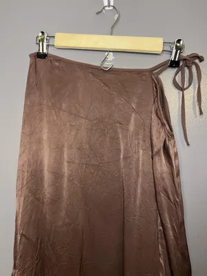 LPA Skirt Womens Medium Brown Satin Wrap Asymmetrical High Low Hem Long Lined thumbnail 2
