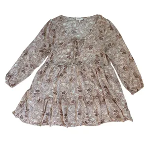 Bohme Womens Paisley Tiered Babydoll Mini‎ Dress Tan Brown V-Neck Rayon FD6018 M thumbnail 3