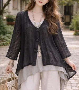 Vintage Keren‎ Hart L Large Sheer Mesh Open Knit Cardigan Artsy Lagenlook Unique thumbnail 1