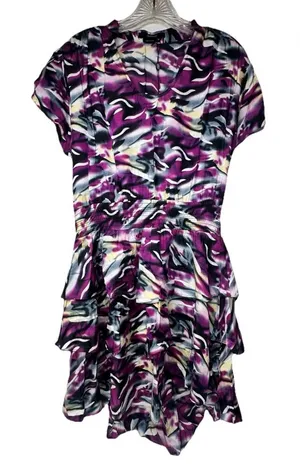 VERTIGO Dress Women’s Size Medium Blouson Flare Tiered Cinched‎ Purple Blue Work thumbnail 1