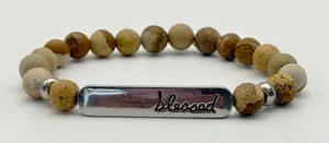 Blessed Bar Beaded Bracelet Women OS‎ Brown Jasper Stone Faith Jewelry Religious thumbnail 1