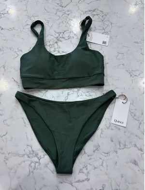 NWT Quince Palm Green Italian Tank Bikini Top & Low Rise Bottoms Size Small thumbnail 1