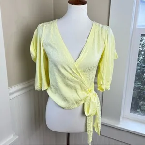 Krisa Womens Yellow Snake Print Jacquard Wrap Blouse‎ Puff Sleeve XS thumbnail 10