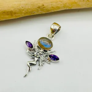 Fairy Labradorite & Amethyst 925 Sterling Silver Pendant thumbnail 4