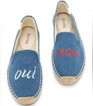 Soludos denim blue embroidered Oui Non raffia slip on shoes thumbnail 1