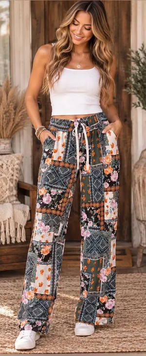 Cato Olive Patchwork Floral Wide-Leg Pants thumbnail 1
