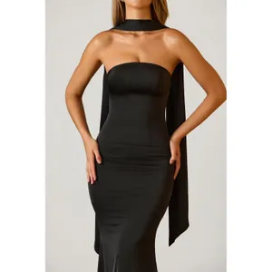 Oh Polly‎ Mandi Scarf Detail Strapless Satin Maxi Gown Black NWT Size US 4 thumbnail 3