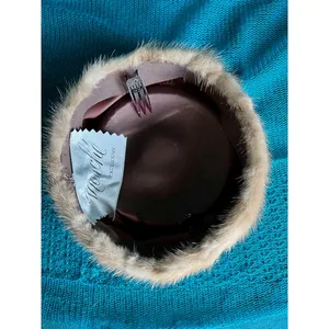 Vintage pill box hat fur with combs Brown thumbnail 6