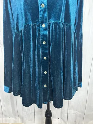 Umgee Teal Velvet Button Up Shirt Sz M Babydoll Western Yoke Long Sleeve thumbnail 3