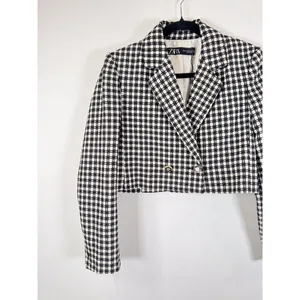 ZARA Womens Blazer Black Double Breasted Plaid Cropped Tweed Jacket Notched XS thumbnail 6