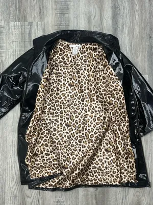 WD NY Black Patent Leather Faux Vinyl Leopard Print Lining Trench Coat Size 8 thumbnail 7