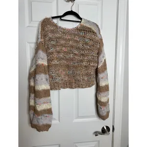 FREE‎ PEOPLE Lake Life Open Weave Crochet Oversized Boxy Fit Cropped Sweater M thumbnail 3