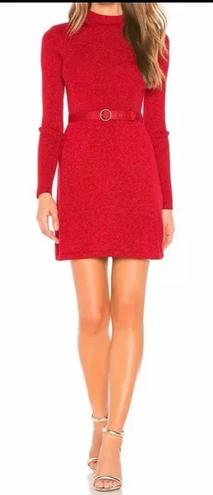 Free People Red Metallic Lurex Mock Neck Belted Ribbed Sweater Mini Dress Small thumbnail 1