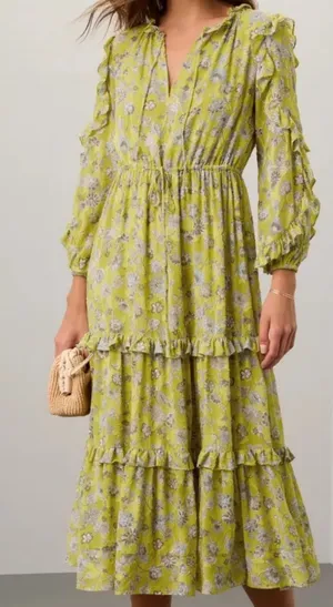 Alexis Auja Floral Print Crepe Midi Dress Lime Green Yellow Ruffle Size Small thumbnail 1
