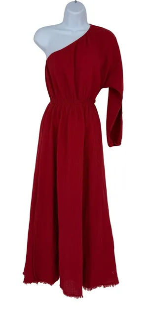 RED CARTER Red One Shoulder Gauze Maxi Dress Boho Beach Vacation Size‎ XS thumbnail 1