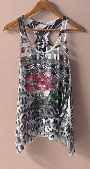 Vtg Y2K Papaya Sheer Striped Rhinestone Floral Animal Print Graphic Tank Sz S thumbnail 1