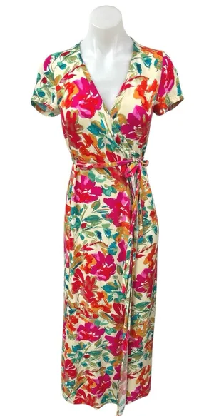 Vici Women's Pink Multicolor Floral Short Sleeve V Neck Maxi Wrap Dress Size S thumbnail 1