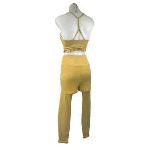 JoyLab Yellow Gold Velour Velvet Sleeveless Crop Top Leggings Pants 2 Pc Set XS thumbnail 3