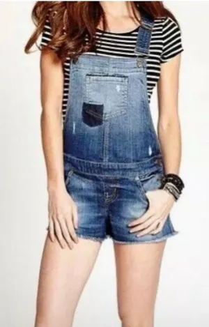 GUESS Jeans Denim Shortalls / Overalls Shorts | Distressed Raw Hem Vintage Vibe | Size S 💙 thumbnail 1