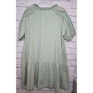 &Merci green cotton boho gauze peasant puff sleeve lace dress medium. thumbnail 4