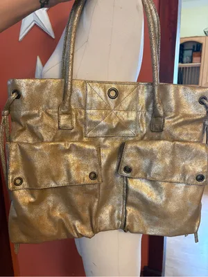 Vintage Y2K Old Navy Metallic Gold Tote Bag with Front Pockets thumbnail 3