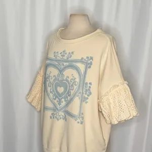 NWT!!‎ FREE PEOPLE Doily Sweatshirt Heart Ivory Blue Eyelet Lace Bohemian Small thumbnail 6