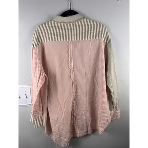 Millibon Linen Cotton Patchwork Stripe Button Shirt Raw Hem Hi Low Oversized M thumbnail 6